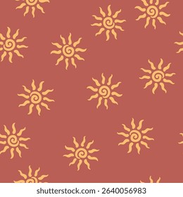 Abstract summer background with hand drawn sun sign. Vintage vector seamless pattern. Retro repeat ornament wallpaper. Nostalgic colored fashion allover print