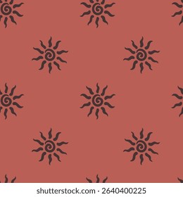 Abstract summer background with hand drawn sun sign. Vintage vector seamless pattern. Retro repeat ornament wallpaper. Nostalgic colored fashion allover print