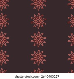 Abstract summer background with hand drawn sun sign. Vintage vector seamless pattern. Retro repeat ornament wallpaper. Nostalgic colored fashion allover print