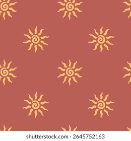 Abstract summer background with hand drawn sun sign. Vintage vector seamless pattern. Retro repeat ornament wallpaper. Nostalgic colored fashion allover print