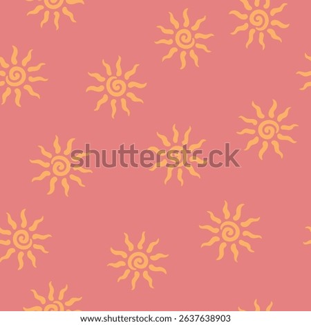 Abstract summer background with hand drawn sun sign. Vintage vector seamless pattern. Retro repeat ornament wallpaper. Nostalgic colored fashion allover print