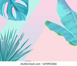 Abstract summer background. Minimal neon design. Fashion trend. Tropical print with palm leaves. Vector illustration