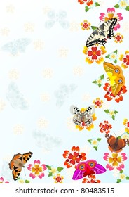 Abstract summer background. Near the flowers butterflies.