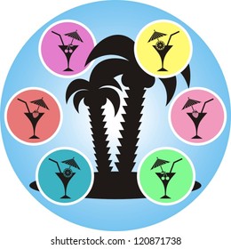 abstract summer background with palm and color cocktails icon