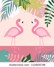 Abstract Summer Background with Palm Leaves and Flamingo. Vector Illustration EPS10