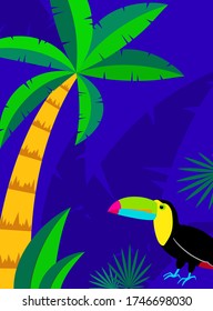 Abstract summer background with palm leaves and space for text. Template for social media stories design, banner, greeting card, poster and advertising. Vector illustration