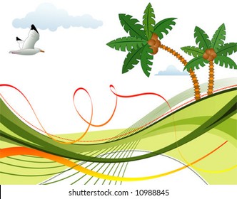 Abstract summer background with palm tree and wave pattern, starfish, vector illustration