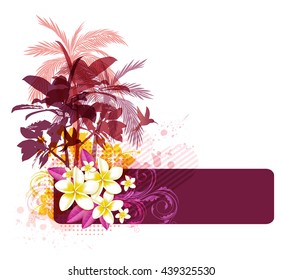 Abstract summer background with palms, birds and tropical flowers