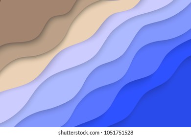 Abstract summer background with paper blue sea and beach. Paper cut design