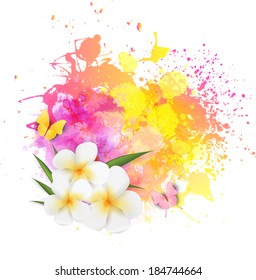 Abstract summer background with plumeria flowers and butterflies on colorful watercolor splash