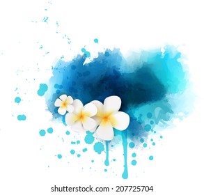 Abstract summer background with plumeria flowers on colorful watercolor splash