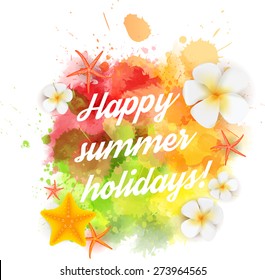 Abstract summer background with plumeria flowers and starfishes on colorful watercolor splash