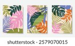 Abstract summer background poster vector. Minimal hand drawn wallpaper design with monstera leaf, palm leaves. Painting for summer season, wall decoration, interior, background.