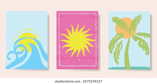 Abstract summer background poster vector. Minimal hand drawn wallpaper design with coconut tree, sun rays, sea, mountain. Ocean painting for summer season, wall decoration, interior, background.