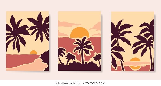 Abstract summer background poster vector. Minimal hand drawn wallpaper design with coconut tree, sunset, sea, beach. Ocean painting for summer season, wall decoration, interior, background.