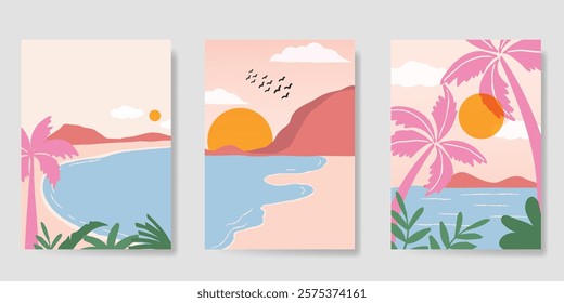 Abstract summer background poster vector. Minimal hand drawn wallpaper design with coconut tree, sun, sea, mountain, beach. Ocean painting for summer season, wall decoration, interior, background.