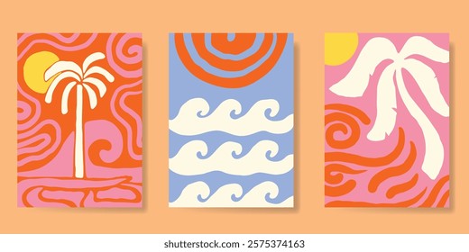 Abstract summer background poster vector. Minimal hand drawn wallpaper design with coconut tree, sun, sea wave. Ocean painting for summer season, wall decoration, interior, background.