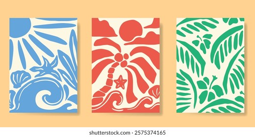 Abstract summer background poster vector. Minimal hand drawn wallpaper design with coconut tree, sun, sea, star fish, scallop. Ocean painting for summer season, wall decoration, interior, background.