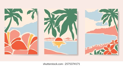 Abstract summer background poster vector. Minimal hand drawn wallpaper design with coconut tree, sun, sea, hibiscus flower. Ocean painting for summer season, wall decoration, interior, background.