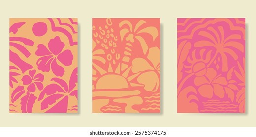 Abstract summer background poster vector. Minimal hand drawn wallpaper design with coconut tree, sun, sea, hibiscus flower. Ocean painting for summer season, wall decoration, interior, background.