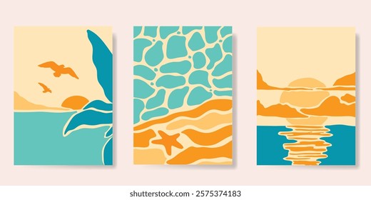 Abstract summer background poster vector. Minimal hand drawn wallpaper design with coconut tree, sunset, sea, mountain, bird. Ocean painting for summer season, wall decoration, interior, background.