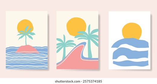 Abstract summer background poster vector. Minimal hand drawn wallpaper design with coconut tree, sun rays, sea, mountain. Ocean painting for summer season, wall decoration, interior, background.