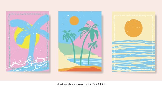 Abstract summer background poster vector. Minimal hand drawn wallpaper design with coconut tree, sun rays, sea, mountain. Ocean painting for summer season, wall decoration, interior, background.