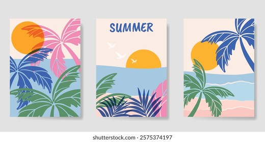 Abstract summer background poster vector. Minimal hand drawn wallpaper design with coconut tree, sun, sea, tropical leaf,beach. Ocean painting for summer season, wall decoration, interior, background.