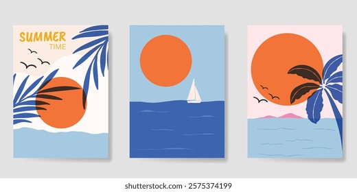 Abstract summer background poster vector. Minimal hand drawn wallpaper design with coconut tree, sun, sea, bird, sailboat. Ocean painting for summer season, wall decoration, interior, background.