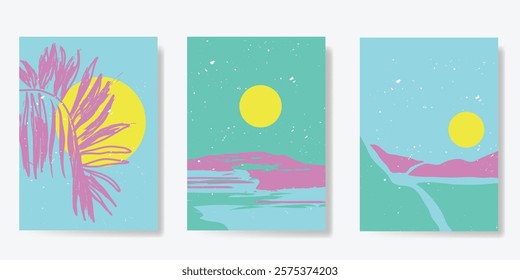 Abstract summer background poster vector. Minimal hand drawn wallpaper design with coconut tree, sun rays, sea, mountain. Ocean painting for summer season, wall decoration, interior, background.