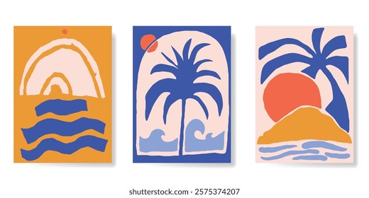 Abstract summer background poster vector. Minimal hand drawn wallpaper design with coconut tree, sun, sea, mountain. Ocean painting for summer season, wall decoration, interior, background.