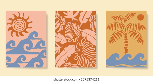 Abstract summer background poster vector. Minimal hand drawn wallpaper design with coconut tree, sun, sea, tropical leaf. Ocean painting for summer season, wall decoration, interior, background.