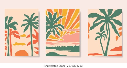 Abstract summer background poster vector. Minimal hand drawn wallpaper design with coconut tree, sun rays, sea, mountain. Ocean painting for summer season, wall decoration, interior, background.