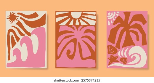 Abstract summer background poster vector. Minimal hand drawn wallpaper design with coconut tree, sun, sea, starfish, scallop. Ocean painting for summer season, wall decoration, interior, background.