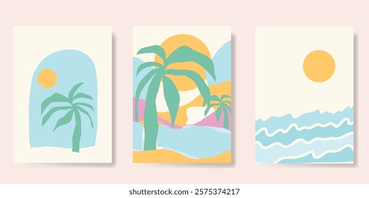 Abstract summer background poster vector. Minimal hand drawn wallpaper design with coconut tree, sun rays, sea, mountain. Ocean painting for summer season, wall decoration, interior, background.