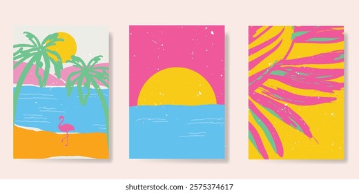 Abstract summer background poster vector. Minimal hand drawn wallpaper design with coconut tree, sun, sea, bird, beach. Ocean painting for summer season, wall decoration, interior, background.