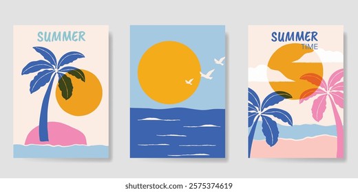 Abstract summer background poster vector. Minimal hand drawn wallpaper design with coconut tree, sun, sea, bird, beach. Ocean painting for summer season, wall decoration, interior, background.