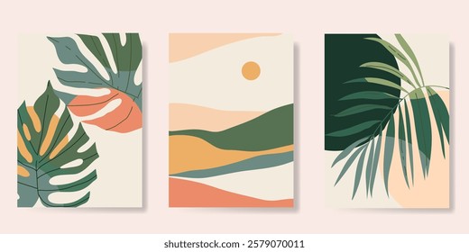 Abstract summer background poster vector. Minimal hand drawn wallpaper design with tropical leaves, monstera, mountain. Painting for summer season, wall decoration, interior, background.