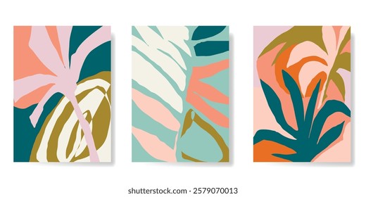 Abstract summer background poster vector. Minimal hand drawn wallpaper design with tropical leaves, coconut tree. Painting for summer season, wall decoration, interior, background.
