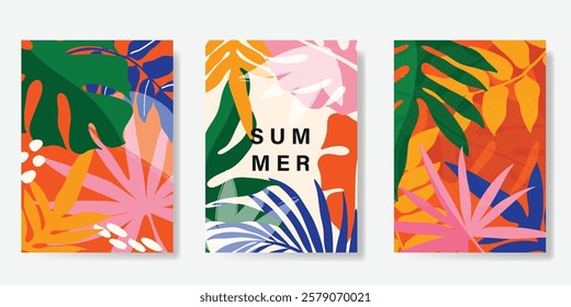 Abstract summer background poster vector. Minimal hand drawn wallpaper design with monstera leaf, palm leaves. Painting for summer season, wall decoration, interior, background.