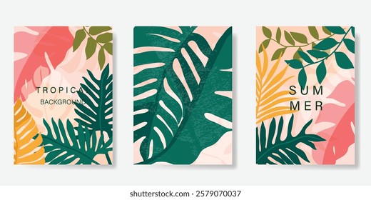 Abstract summer background poster vector. Minimal hand drawn wallpaper design with monstera leaf, palm leaves. Painting for summer season, wall decoration, interior, background.