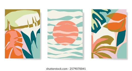 Abstract summer background poster vector. Minimal hand drawn wallpaper design with tropical leaves, sea wave, sun. Painting for summer season, wall decoration, interior, background.