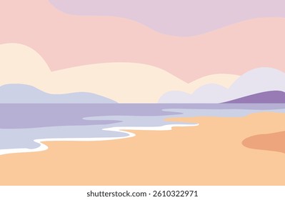Abstract summer background with sandy sea beach and water edge. Minimalist vector illustration in pastel pink, blue, beige and purple colors.