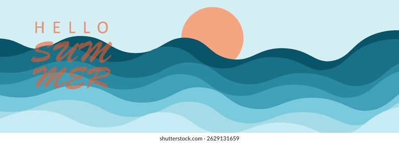 Abstract summer background with sea beach top view art illustration. Tropical beach landscape with beautiful, calm and relaxing seaside beach on a sunny day.