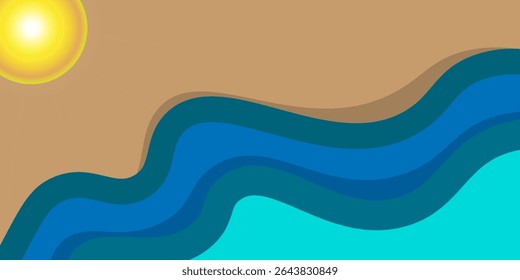 Abstract summer background with sea beach top view art illustration. Tropical beach landscape with beautiful, calm and relaxing seaside beach on a sunny day.