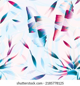 abstract summer background seamless pattern with colorful tropical plants leaves on light. pink blue banana leaves seamless pattern with strelitzia flowers plants and foliage. Floral background. art 