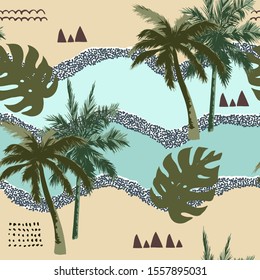 Abstract summer background. Seamless tropical pattern with palm tree. Vector illustration. Minimal style