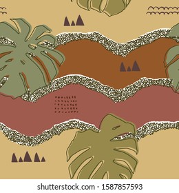 Abstract summer background. Seamless tropical pattern with palm tree leaves. Vector illustration. Minimal style
