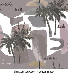 Abstract summer background. Seamless tropical pattern with palm tree. Vector illustration. Modern style