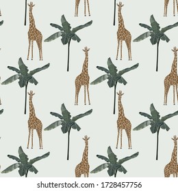 Abstract summer  background. Seamless vintage tropical pattern with palm tree and giraffe. Vector illustration. Minimal style